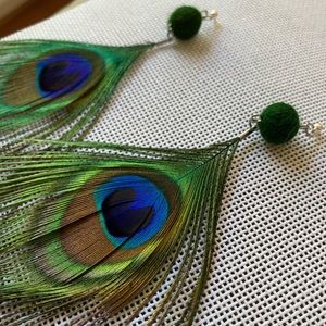 Peacock feather and felted wool earrings